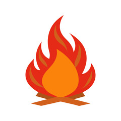 A stylized flat design illustration of a campfire with vibrant orange and red flames burning brightly against a solid black background symbolizing warmth and energy