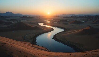 Fototapeta premium Beautiful sunset over the river flowing through the desert landscape
