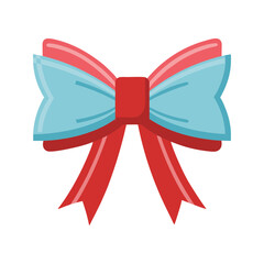 A festive red and light blue ribbon bow with two loops and two hanging tails isolated on a black background perfect for decoration
