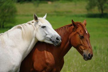 Obraz premium Two horses, one white and one chestnut, stand close together in a grassy field, showing a gentle bond and companionship