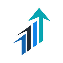 Abstract geometric design representing upward financial growth and progress with a rising arrow and layered bars in shades of blue and teal against a black background