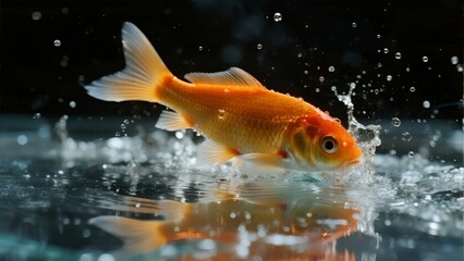 A golden fish leaps from the water, creating splashes and ripples on the surface.