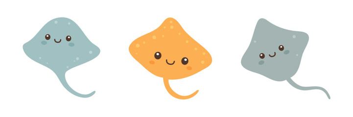 Cartoon stingray set in blue, orange, and grey tones. Cute style marine animals for underwater designs