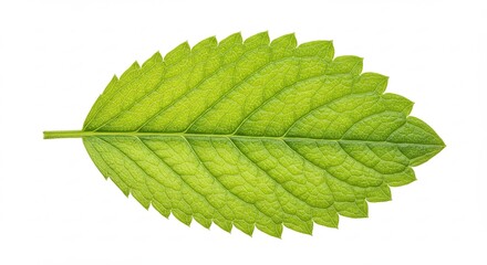 A single vibrant green mint leaf with serrated edges isolated on a white background.