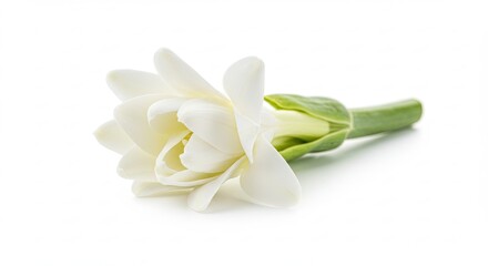 A single white jasmine flower with green stem on a white background.