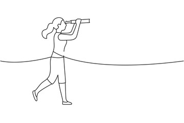 Minimalist outline of a woman kneeling with binoculars, observing ahead. Clean contour illustration for discovery and focus themes