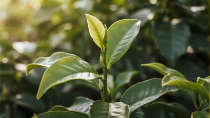 Close-up of fresh green tea leaves on a plant in natural sunlight