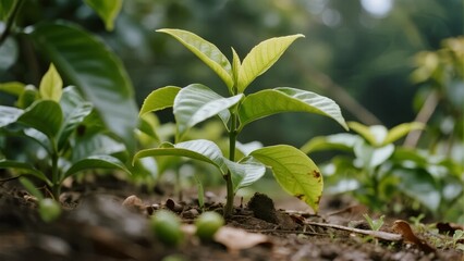 Fototapeta premium Young green plant growing in forest soil with surrounding foliage