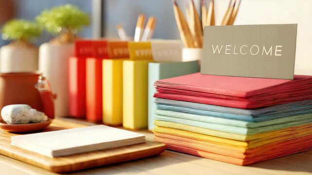 Welcome card colorful paper stack showing tariff impact workspace with warm light and organized stationery and cozy reception
