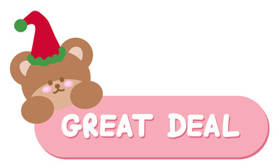Cute Christmas GREAT DEAL sale icon with teddy bear, party hat for online shopping, promotion, sticker, banner, special price, discount, web button, campaign badge, ads, brochure, price tag, animal