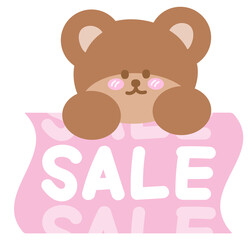 Cute Christmas SALE pink icon with teddy bear for online shopping, promotion, sticker, banner, special price, discount, web button, campaign badge, ads, brochure, price tag, animal