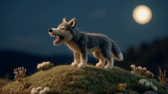 Animated wolf howling at full moon on a grassy hill at dusk