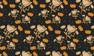 Leafy Rose Repeating Bloom Floral Landscape Textile Golden Multicolor Seamless Illustrator Pattern