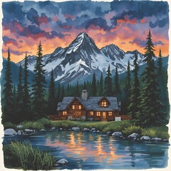 Obraz premium Cozy wooden cabin in snowy mountain landscape