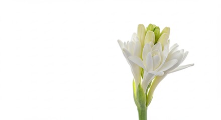 Close-up of a beautiful white tuberose flower bud isolated on a white background.