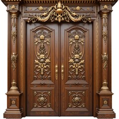 Ornate wooden double door with intricate carvings isolated on white background