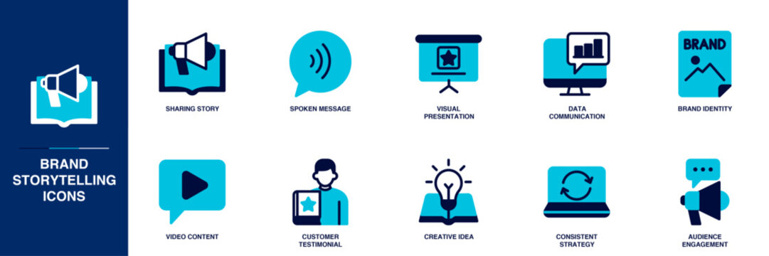 Brand Storytelling Blue Colored Outline Icon Set