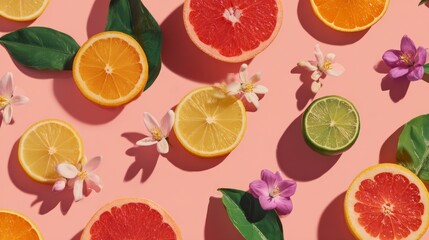 Fresh citrus slices and blossoms forming geometric flat lay design, colorful vibrant summer stock pattern, refreshing healthy vibe