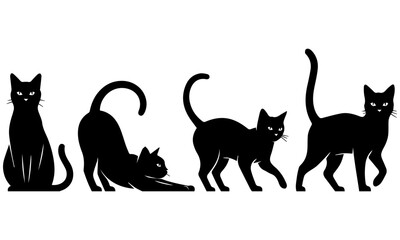 Black Cat Silhouette Vector Set: Collection of Four Feline Poses Including Sitting, Stretching, and Walking for Halloween, Pet Shop, and Minimalist Animal Graphics
