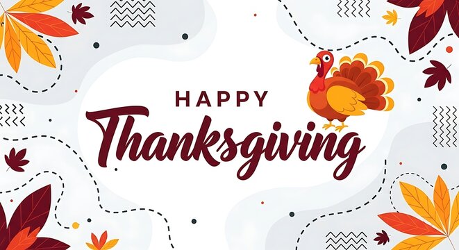 Happy thanksgiving greeting card with a cute cartoon turkey and autumn leaves celebrating the harvest season and family gathering with festive decorations and a warm inviting design