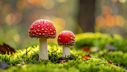 Two vibrant red mushrooms in a mossy forest floor bathed in warm light