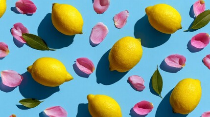Fresh lemon and petal pattern designed on sky blue backdrop, modern minimal composition, vibrant summer flat lay stock image