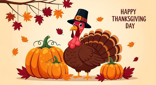 A whimsical cartoon illustration of a smiling turkey wearing a pilgrim hat stands between two pumpkins with autumn leaves and the text happy thanksgiving day