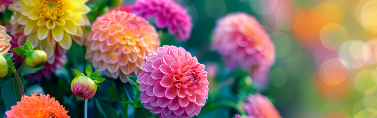 Blooming orange and pink dahlias shining beautifully under warm sunlight glow