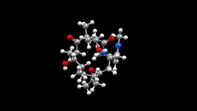 Structure of the anticancer drug ixabepilone. Animated spinning 3D ball-and-stick and spacefill models, black background
