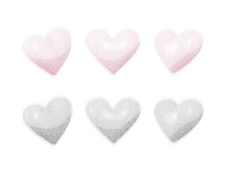 Set of pink and gray hearts with grainy noise blur texture, abstract halftone gradient love symbol, romantic stipple dotted shape for Valentines day, wedding, relationship, modern design