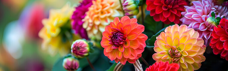 Blooming orange and pink dahlias shining in warm afternoon sunlight.