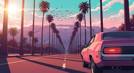 Retro Anime Style Sunset Drive to Hollywood