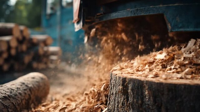 Close-up of a wood chipper in action, efficiently shredding logs into fine wood shavings, with a backdrop of a lumberyard surrounded by trees under a clear blue sky
