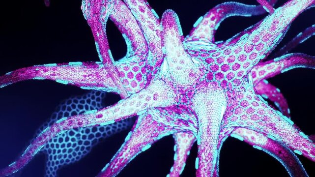 Vibrant Neon Radiograph Captures an Abstract Bio-Network, Revealing Intricate Glowing Filaments and Futuristic Microscopic Forms