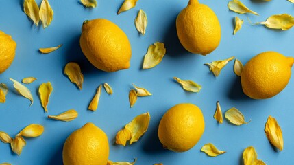 Fresh whole lemons scattered with delicate yellow petals on blue backdrop, vibrant minimal flat lay summer food concept stock image