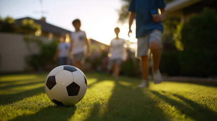 Children playing soccer on grass field in suburban neighborhood at sunset.  
