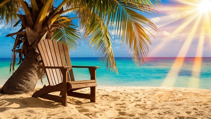 A solitary wooden adirondack chair sits under the shade of a leaning palm tree on a sandy tropical beach, with the turquoise ocean and bright sun in the background, evoking relaxation and vacation