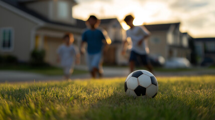 Fototapeta premium Children playing soccer on grass field in suburban neighborhood at sunset. 