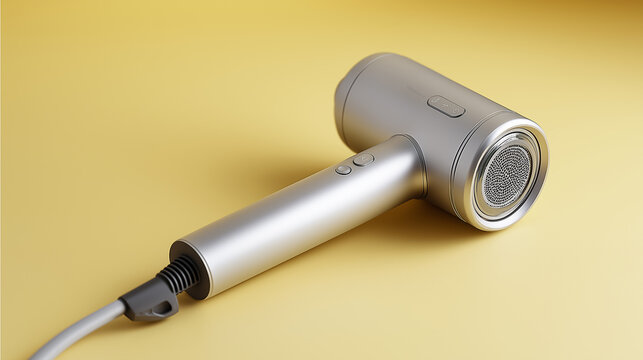 Silver hair dryer on yellow background.  
