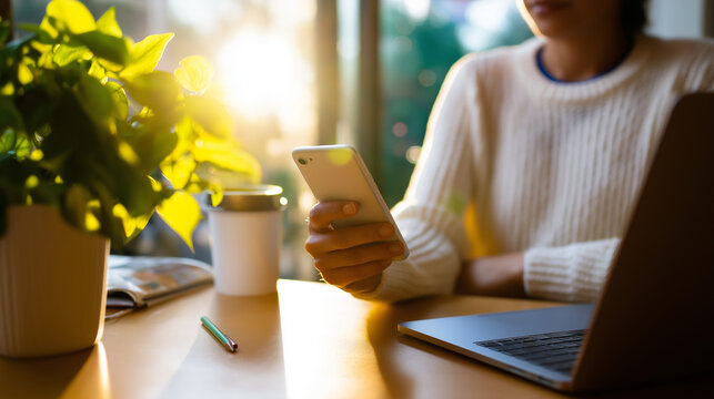Person using smartphone and writing notes at desk with laptop and potted plant by window.  
