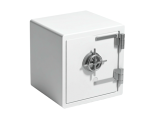 A white, sturdy safe with a round dial and a secure door stands upright
