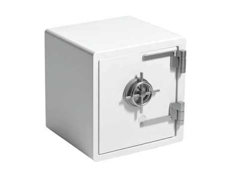 A white, sturdy safe with a round dial and a secure door stands upright