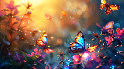 Butterflies floating in dreamy pastel colored magical background