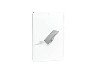 Digital tablet floating, white background, hand gently holding device