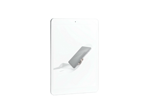 Digital tablet floating, white background, hand gently holding device