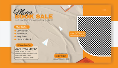 Mega book sale banner template with books and promotion details in yellow and white color
