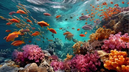 A sea fish swims above a coral reef teeming with marine life and flora. The crystal-clear water reflects the sunlight.