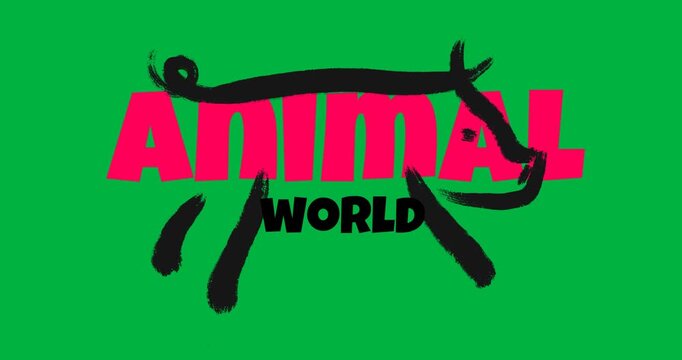 Animation of animal world text and pig on transparent background