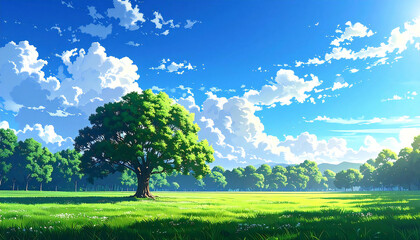 アニメ風景。空。公園。木。Anime scenery. Sky. Park. Trees.