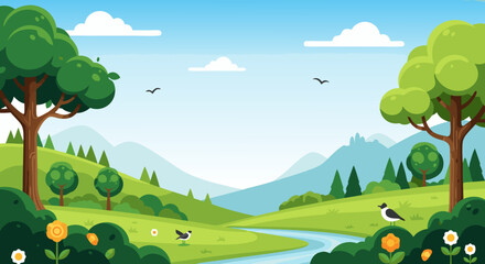 Naklejka premium Vibrant Cartoon Nature Landscape with River and Birds